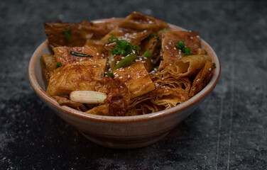 Japanese vegan teriyaki yuba tofu skins in bowl