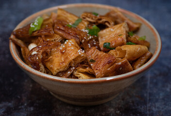 Japanese vegan teriyaki yuba tofu skins in bowl
