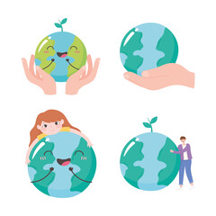 save the planet, set globe map hands and people care icons