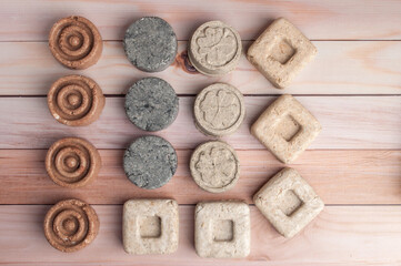 Eco friendly natural solid shampoo and hair conditioner on wooden background. Concept animal fat free, zero waste.