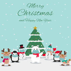 animals and snowman wear masks and enjoy with Christmas night