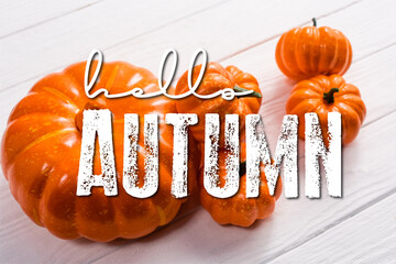 orange pumpkins near hello autumn lettering on white wooden background