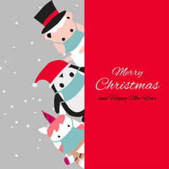 penguin sheep and unicorn are happy emotion and wear masks with Christmas invitation card design