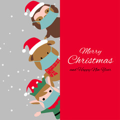 elf puppy sloth are happy emotion and wear masks with Christmas invitation card design