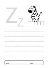 Writing practice letter Z printable worksheet for preschool.Exercises for little children.Vector illustration.