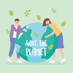 save the planet, falling leaves and boy girl with earth map