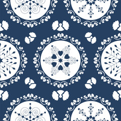 Seamless pattern christmas theme. Pretty mandalas and Frieze around with angels. Snowflakes, hearts and spirals. Colors white and blue. Vector illustration.