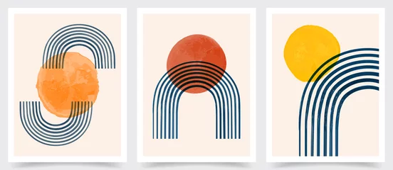 Vektor-Illustration. Handgezeichnete Kunst. Abstrakte Plakate gesetzt. Zeitgenössische Hintergründe. Wanddekoration aus der Mitte des Jahrhunderts. Gestaltungselemente für Postkarten, Buchumschläge, Flyer, Broschüren, Geschenkkarten. 50er, 60er Grafik. © VVadi4ka