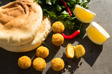 Fresh falafel close up photo. Authentic food of Israel. Healthy eating concept. 