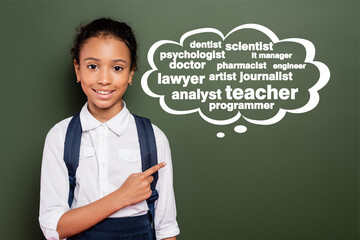 african american schoolgirl pointing with finger at green chalkboard with thought bubble and greeting lettering © LIGHTFIELD STUDIOS