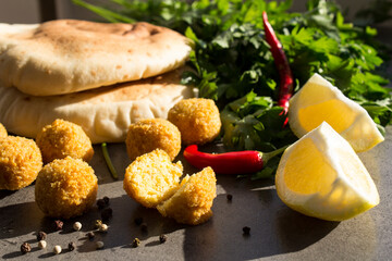 Fresh falafel close up photo. Authentic food of Israel. Healthy eating concept. 