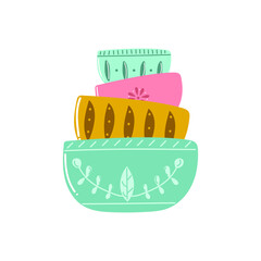 Hand drawn plates, bowls. Cute flat illustration.