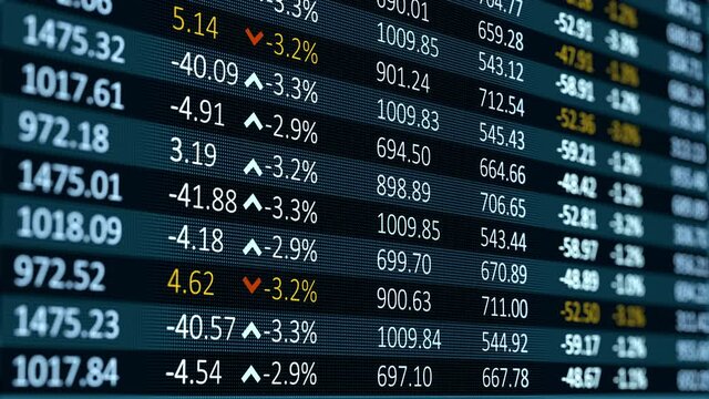 A digital table of stock market values, company indices are developing, growing and / or decreasing.