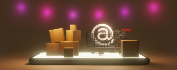 Paper cartons or parcel and a shopping cart. Online shopping store with smartphone, 3d rendering