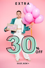 young woman holding carton box with favorite shoes and balloons while standing near extra 30 percent off lettering on pink