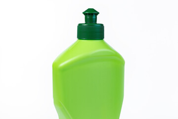 Close-up image of bottle of dishwashing detergent on white background.