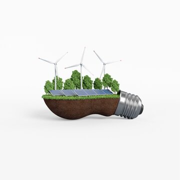 Solar panels and windmills. Allegory light bulb. White version.