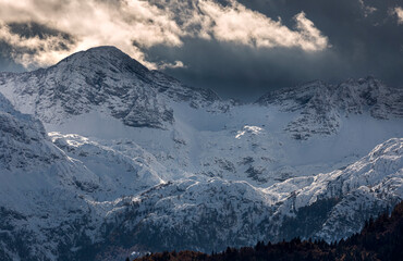 beautiful light on mountain peaks in winter