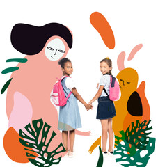 multicultural schoolgirls with backpacks holding hands and looking at camera near magic characters illustration on white