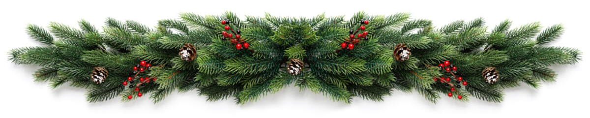 Christmas border frame of tree branches with red berries and pine cones