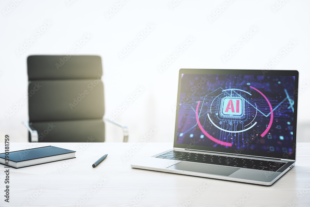 Poster computer monitor with creative artificial intelligence abbreviation. future technology and ai concep