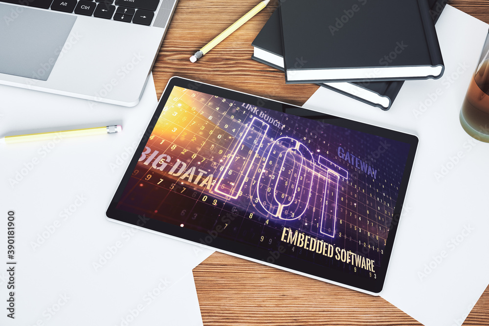 Poster Creative IOT concept on modern digital tablet screen. Top view. 3D Rendering