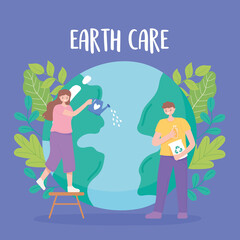 save the planet, earth map girl with watering can and boy with recycle products, globe care