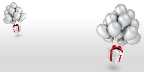 White gift box With ribbons and balloons floating on a white background Minimal concept illustration For birthday, new year, christmas, 3d render
