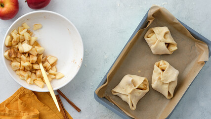 Puff pastry with apples, sugar and cinnamon. Autumn pastries.