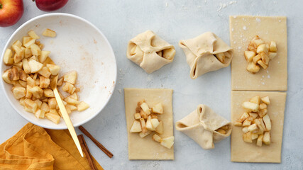 Puff pastry with apples, sugar and cinnamon. Autumn pastries.