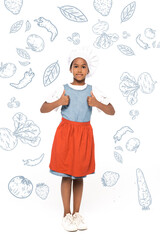 African american kid dressed in costume of chef showing thumbs up near food illustration on white