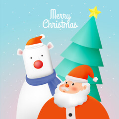 Santa claus in paper art style with snow and snowflake