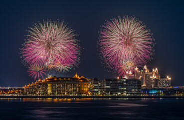 Naklejka premium New Year's fireworks over Palm Jumeirah, Dubai.