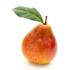 Fresh bio pear with leaves on isolated white background.