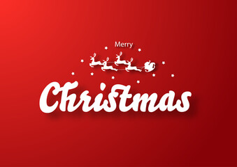 Calligraphic Merry Christmas lettering and Santa Claus sleigh Reindeers on a red background. Vector illustration template