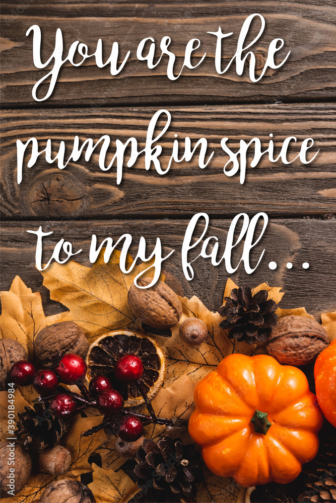 Wall mural Top view of autumnal decoration and pumpkin near you are the pumpkin spice to my fall lettering on wooden background - Wall murals