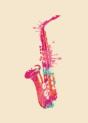 Creative bright musical illustration. Vector design of an abstract saxophone in form of paint spots and splashes on a light background - obrazy, fototapety, plakaty