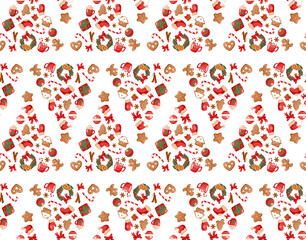 Festive seamless pattern in cartoon style. Christmas and New Year. Isolated over white background. Christmas tree, Santa Claus, gift. Vector