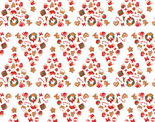 Festive seamless pattern in cartoon style. Christmas and New Year. Isolated over white background. Christmas tree, Santa Claus, gift. Vector