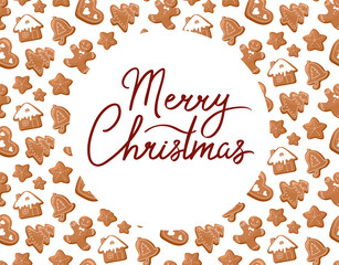 New Year's Banner, isolated on white in cartoon style. Template Merry Christmas. In the background is a pattern of Christmas gingerbread.