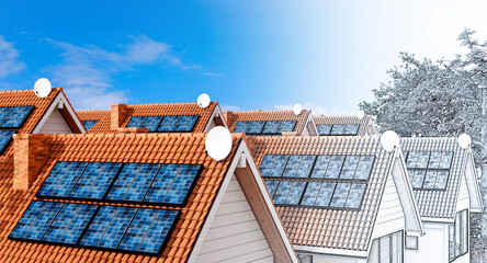 Conceptual render of Multiple town house design with solar panels.