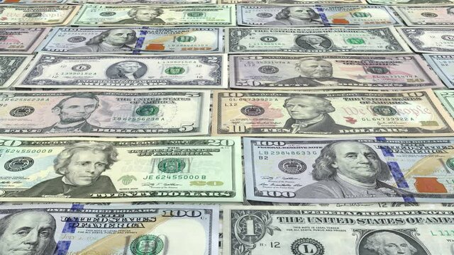 USA dollars bills. Money banknotes background. U.S. 100, 50, 20, 10, 5, 2, 1 bills. Seamless loop