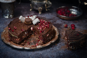 Chocolate cranberry tart and elegant tea set