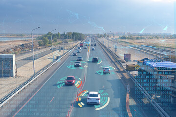 the concept of the technology of the future in the safe movement of the car, driving without a...