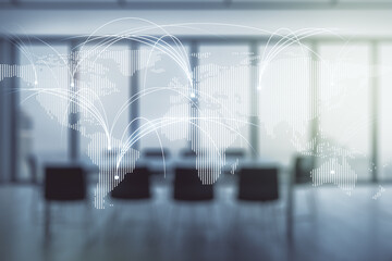 Double exposure of abstract digital world map hologram with connections on a modern meeting room background, research and strategy concept