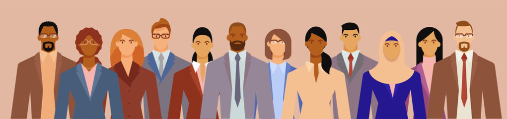 Crowd of businesspeople of diverse age and ethnicity in formal suits. Flat design vector illustration.