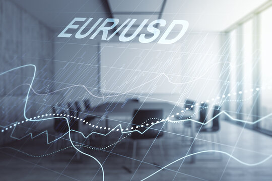 Abstract virtual EURO USD financial chart illustration on a modern conference room background. Trading and currency concept. Multiexposure