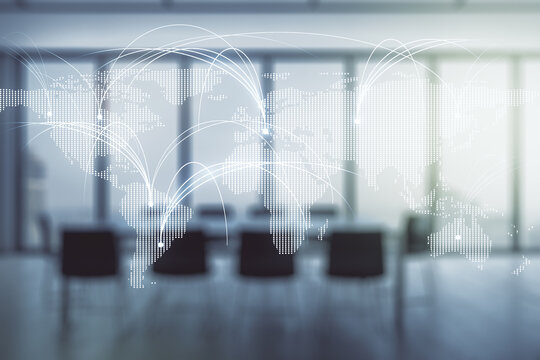 Double exposure of abstract digital world map hologram with connections on a modern meeting room background, research and strategy concept