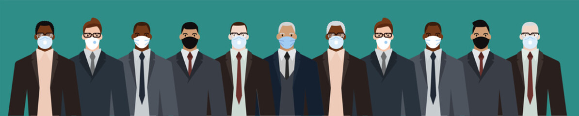 Group of diverse businessman men of adult and senior age, of different race, in office style clothes, wearing masks for pandemic protection from covid19. Flat design vector illustration.