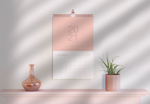 Calendar Hanging On Wall With Shelf Mockup